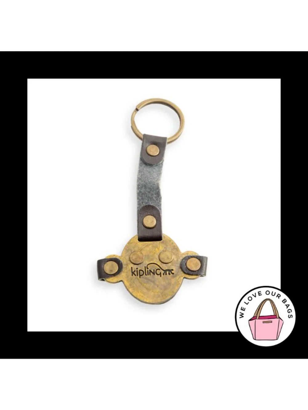 Rare KIPLING MONKEY FACE Brown Leather Brass Bag Charm Hang Tag Keychain Fob